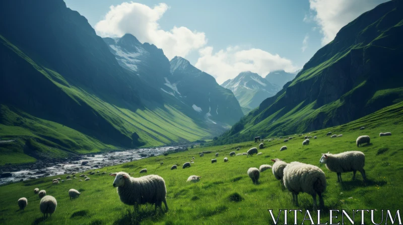 Serene Mountain Landscape with Grazing Sheep AI Image