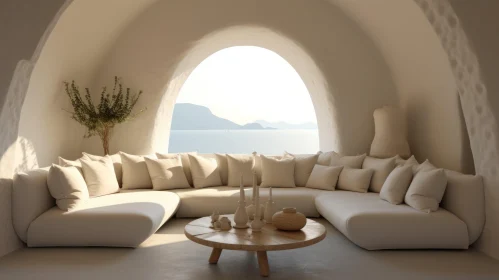 Serene White Couches Next to an Archway with Serene Oceanic Vistas