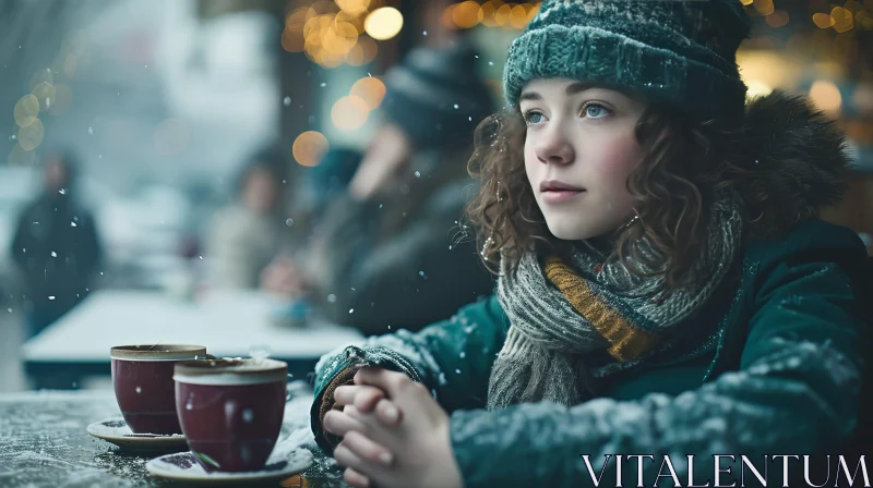 Winter Cafe Scene: Young Woman Lost in Thought AI Image