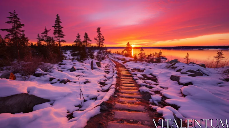Winter Sunrise at Snowy Lake - A Pathway to Tranquility AI Image