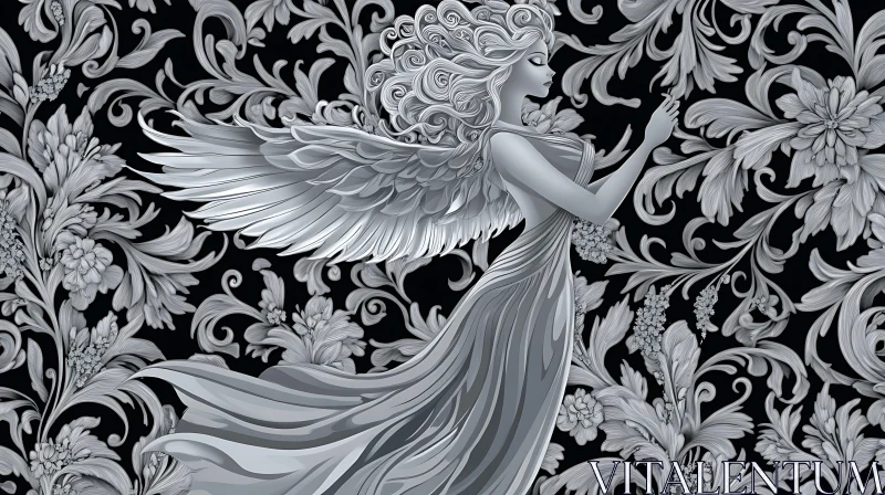 AI ART Ethereal Angel in Grayscale Garden