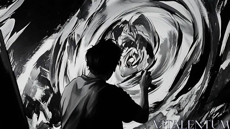 Artist Creating Abstract Swirl in Black and White AI Image