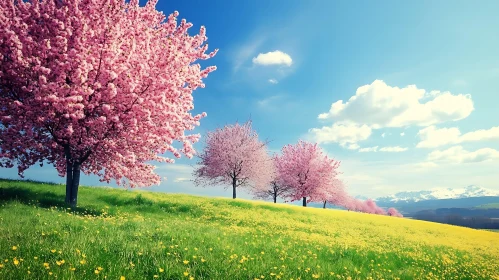 Blossoming Trees and Floral Meadow