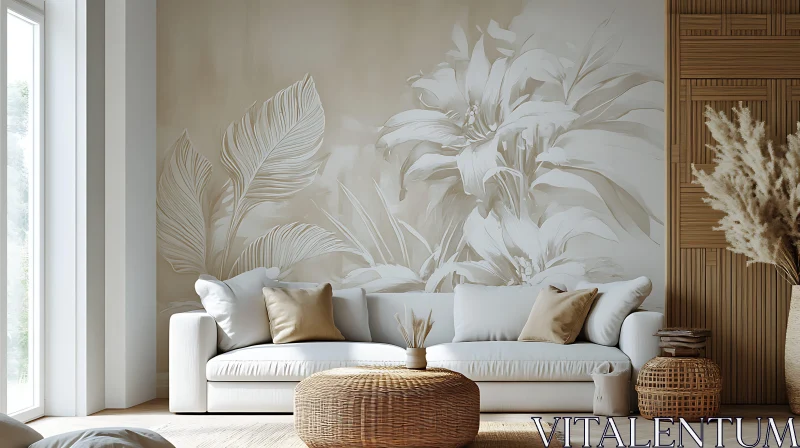 AI ART Neutral Living Room with Botanical Accents