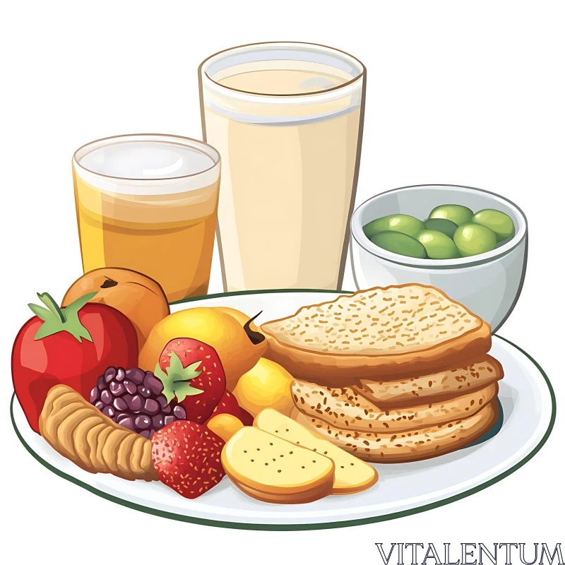 Illustrated Breakfast Plate with Fresh Fruits and Beverages AI Image