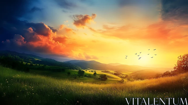 AI ART Picturesque Sunset Landscape with Birds