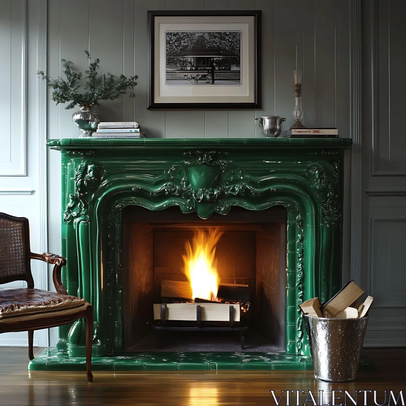 AI ART Green Fireplace with Burning Fire