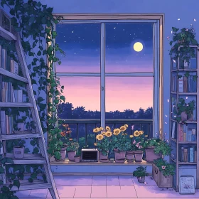 Moonlit Room with Books and Flowers