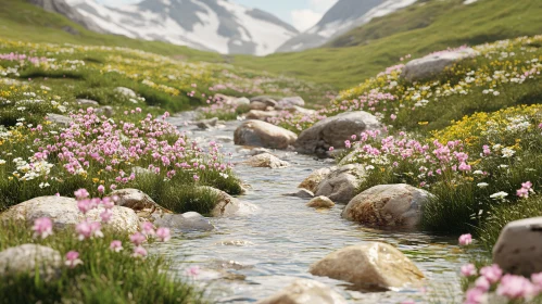 Scenic Stream with Wildflowers and Mountain View