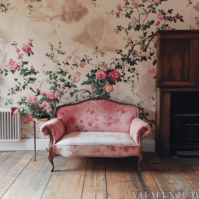 Pink Floral Couch in Vintage Interior AI Image