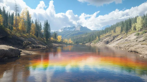 Peaceful River Scene with Rainbow Reflection and Autumn Colors