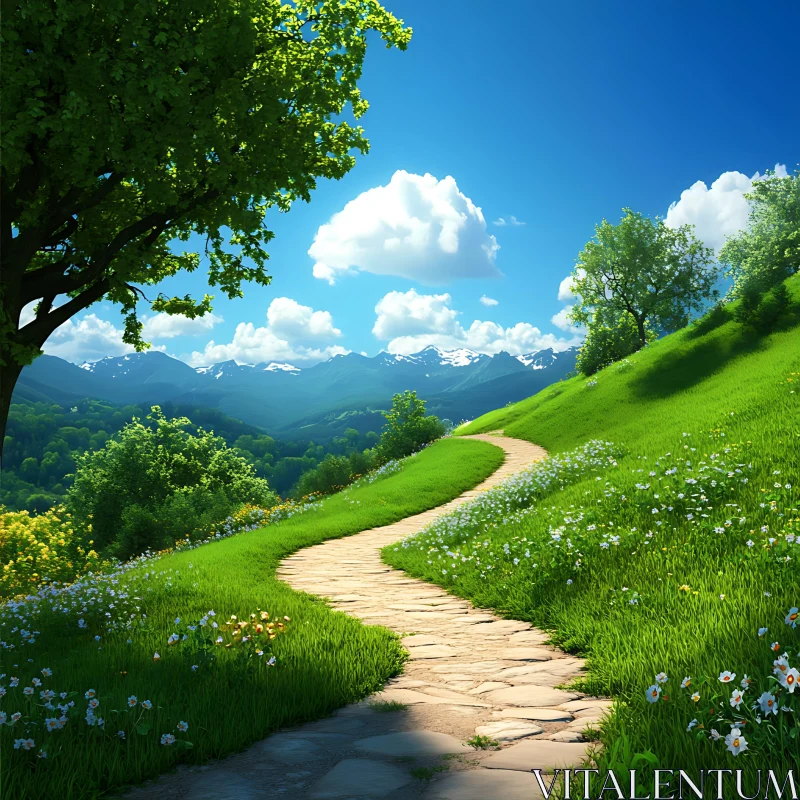 AI ART Winding Stone Path in Green Field