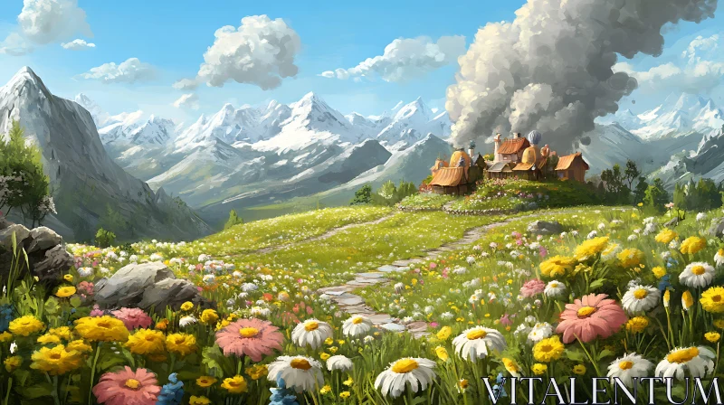 Idyllic Mountain Village Landscape Painting AI Image