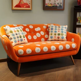 Retro Orange Sofa with Patterned Pillows