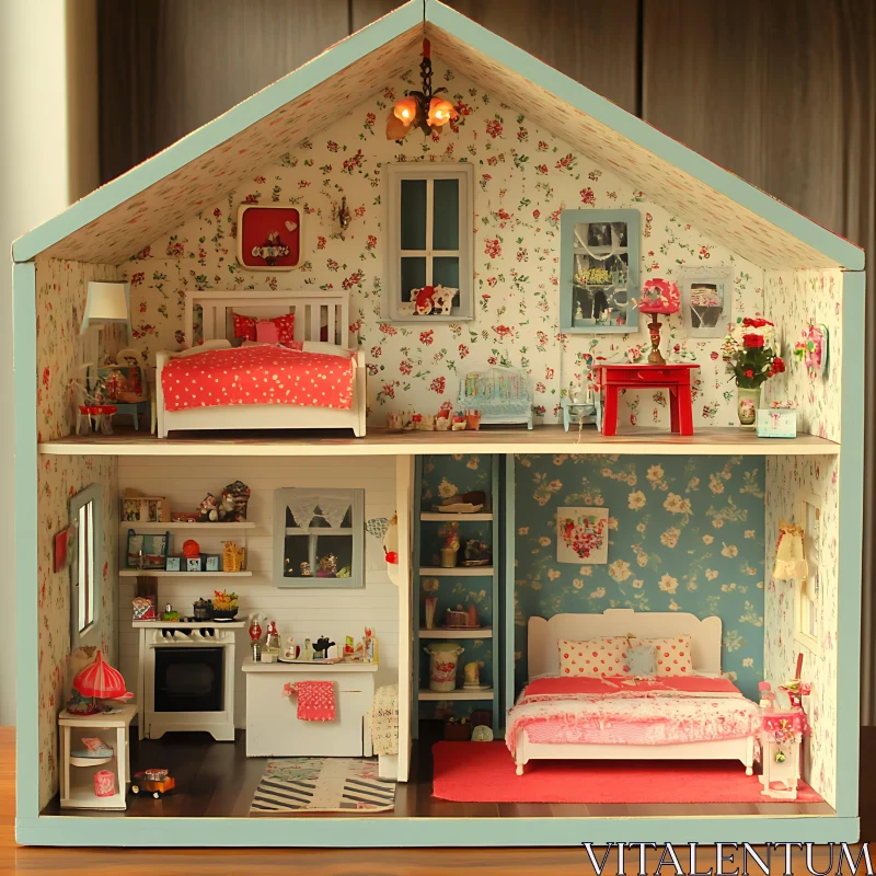 AI ART Charming Miniature Dollhouse with Floral Wallpaper