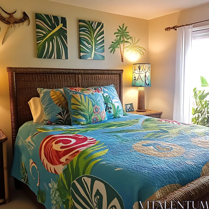 AI ART Serene Bedroom with Tropical Bedding