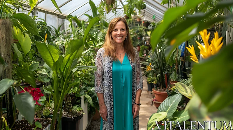 Portrait of Woman in a Lush Greenhouse AI Image