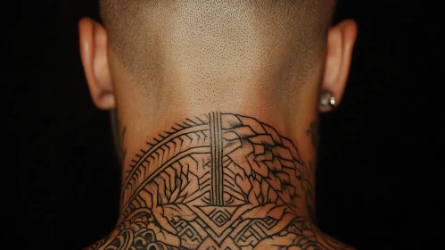 Complex Black-Ink Neck Tattoo Design