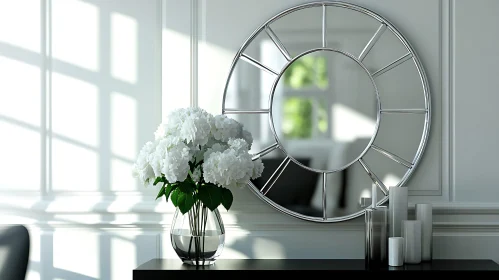 White Hydrangeas and Round Mirror Home Decor