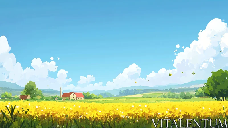 Golden Field and Blue Sky Landscape AI Image