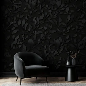 Monochrome Room Design with Leafy Wallpaper