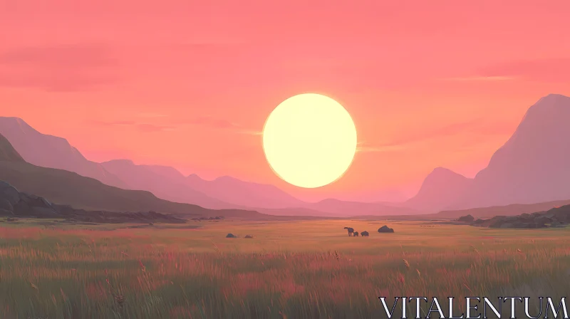 Tranquil Sunset Over Grassy Plains AI Image