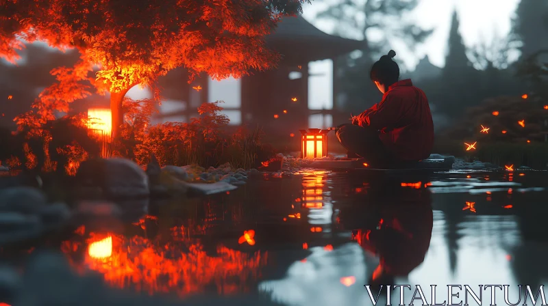 AI ART Lantern Light Meditation by Pond