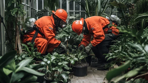 Hazmat Team Tending to Plants