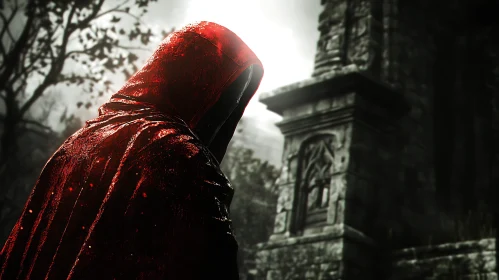 Red Cloak Figure Near Old Ruins