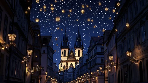 Nighttime City Scene with Glowing Lanterns