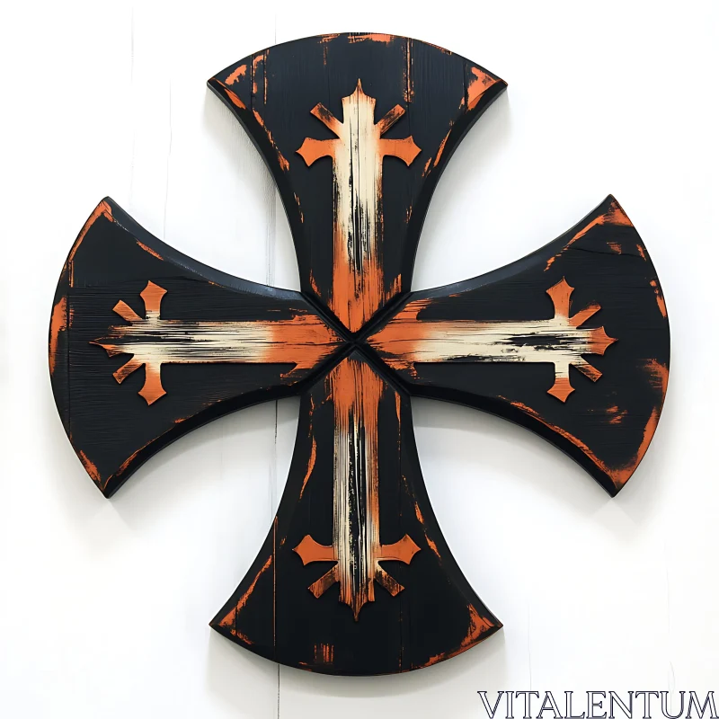 AI ART Distressed Wood Cross with Orange Accents