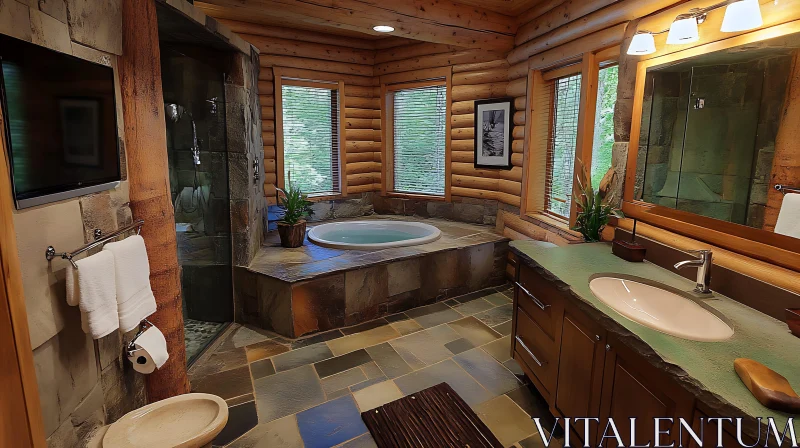 Cozy Bathroom with Log Walls and Jacuzzi AI Image