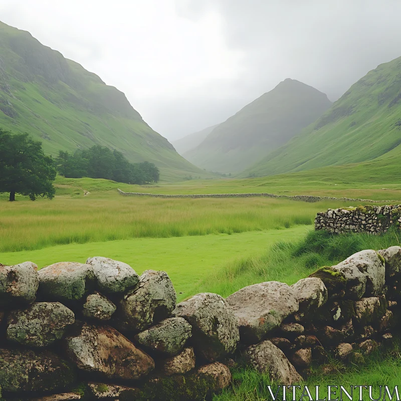 AI ART Green Valley Landscape with Stone Wall