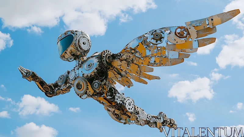 Winged Robot Ascending Skyward AI Image