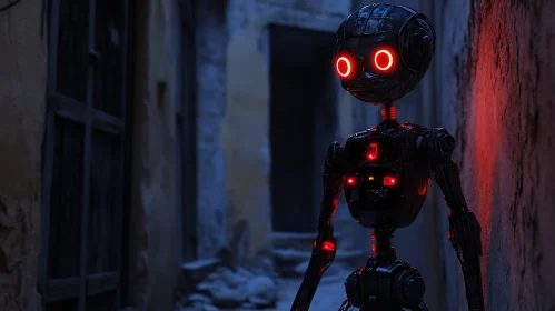 Futuristic Robot with Red Lights in Desolate Alley