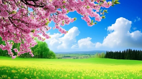 Spring Meadow with Pink Blossoms