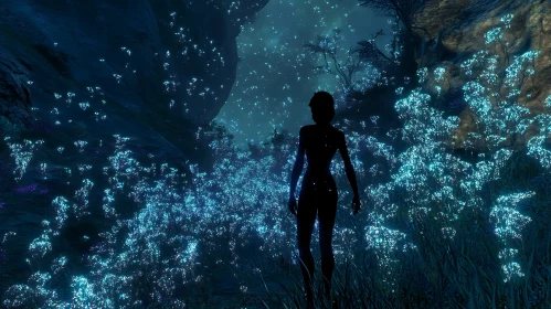 Mystical Glowing Flowers with Silhouette Figure