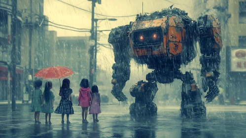 Robot Encounter on a Rainy Day