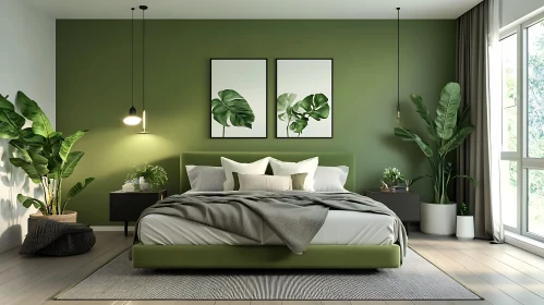 Modern Bedroom with Green Accents and Plants