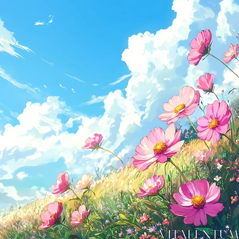 AI ART Floral Meadow with Pink Blossoms and Sky