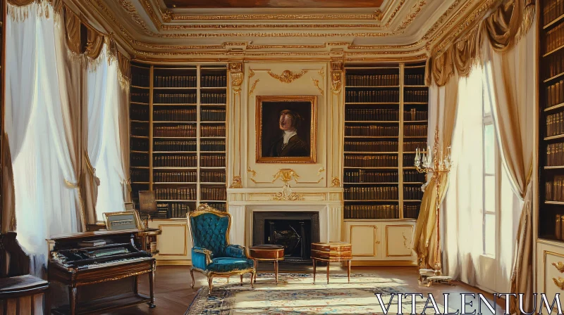 AI ART Vintage Library Room With Fireplace