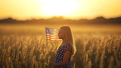 Sunset Scene with Girl and American Flag