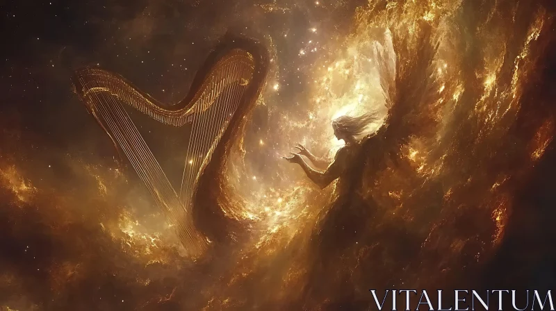 AI ART Celestial Harpist in Golden Nebula