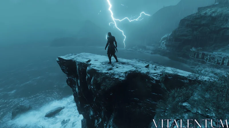 Figure on Cliff During Thunderstorm AI Image