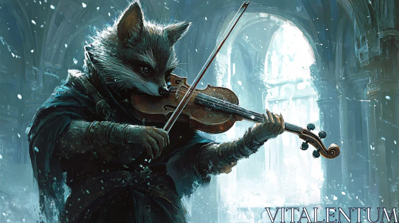 Fox Playing Violin in Snow AI Image