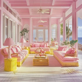 Coastal Living Room with Pink Decor