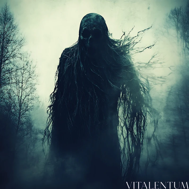 Shadowy Figure in Forest Mist Artwork AI Image