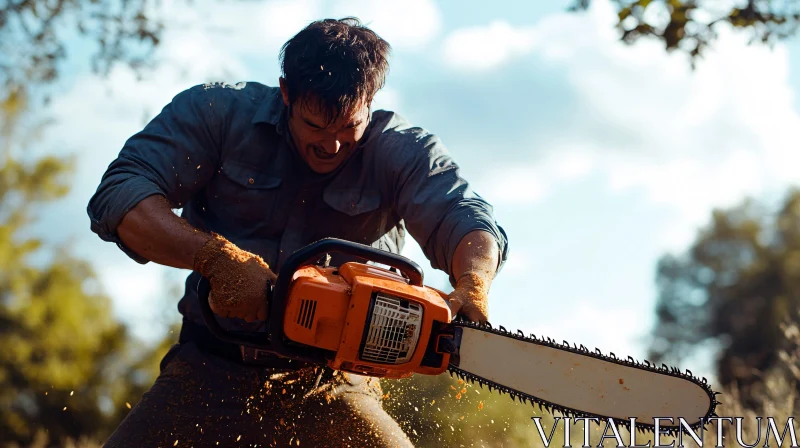 Chainsaw Wood Cutting Outdoor Action AI Image