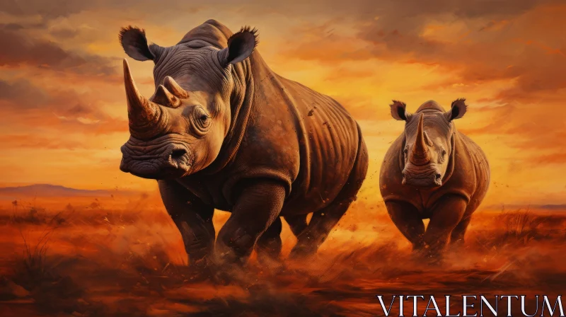 Captivating Illustration of Two Rhinos Walking into the Sunset AI Image