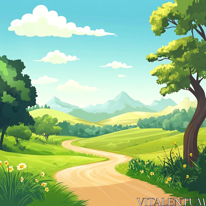 AI ART Scenic Meadow Path with Mountain View